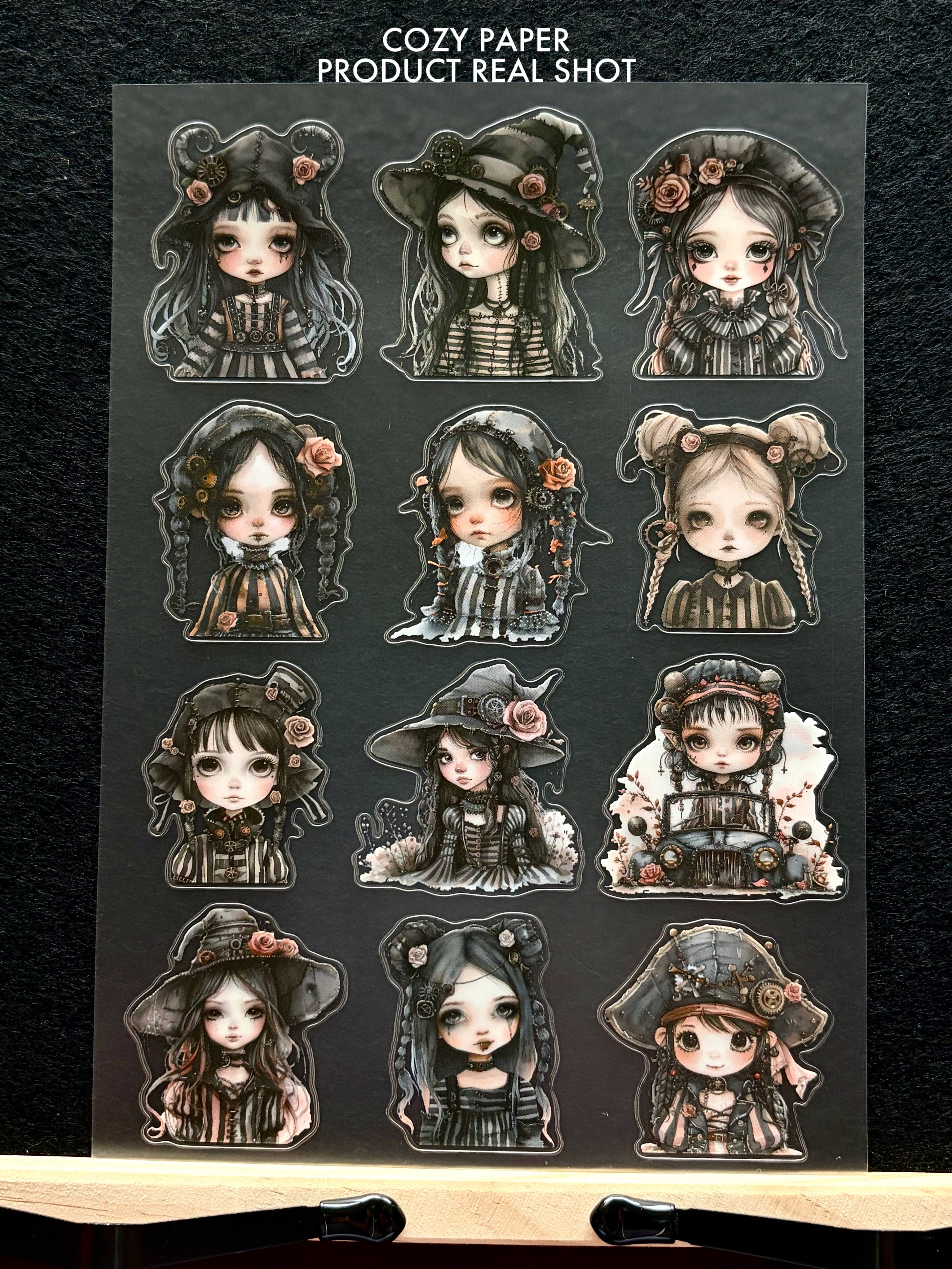 Gothic Dollhouse Girls | 5.8" x 8.3" Aesthetic Matte PET Sticker Sheet for Journaling, Scrapbooking & ATC Cards