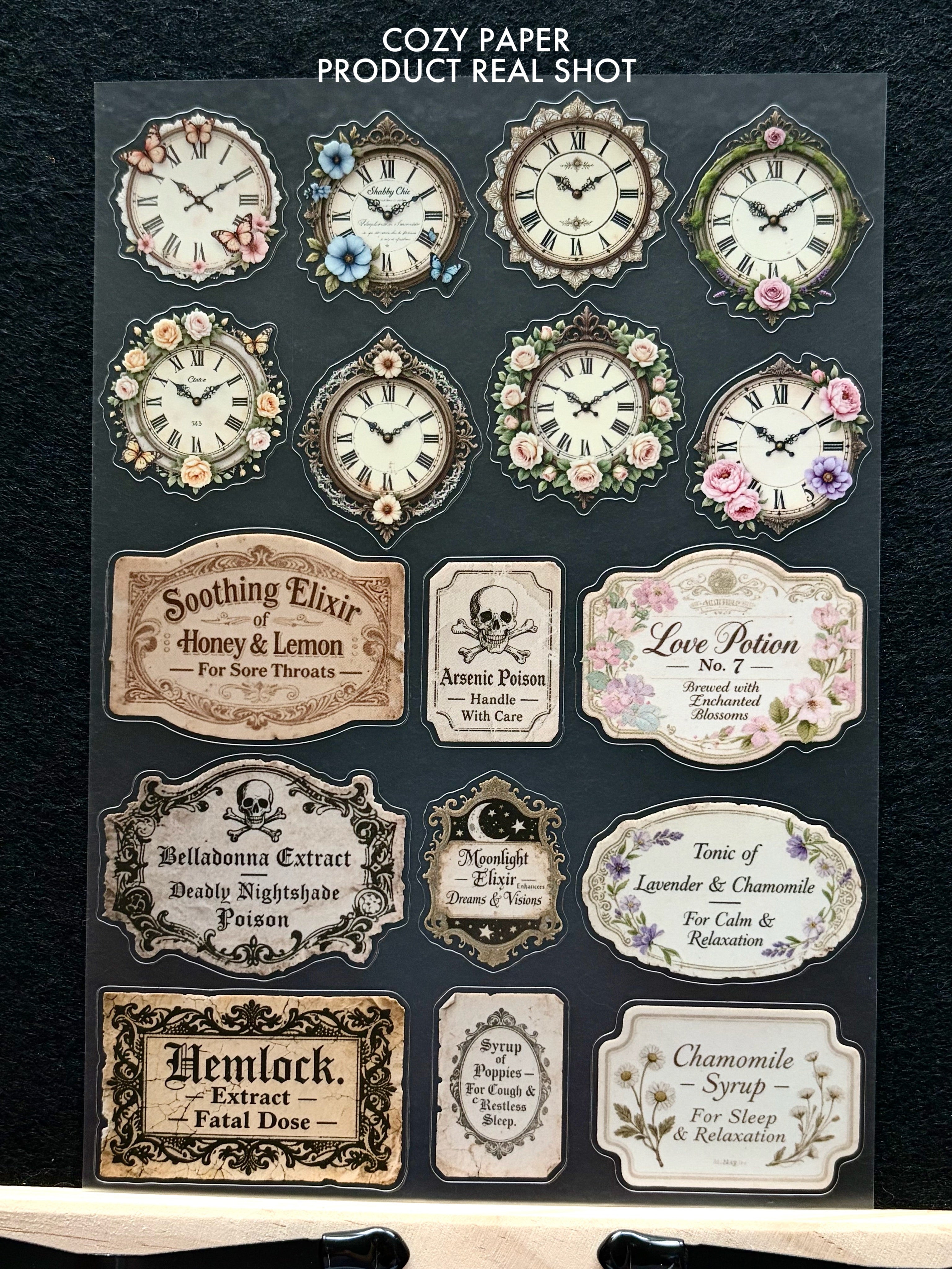 Vintage Clock & Poison Labels | 5.8" x 8.3" Aesthetic Matte PET Sticker Sheet for Journaling, Scrapbooking & ATC Cards