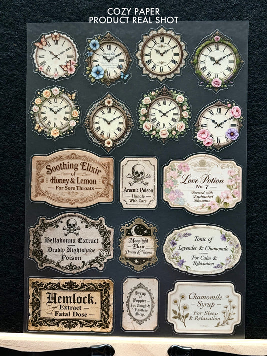 Vintage Clock & Poison Labels | 5.8" x 8.3" Aesthetic Matte PET Sticker Sheet for Journaling, Scrapbooking & ATC Cards
