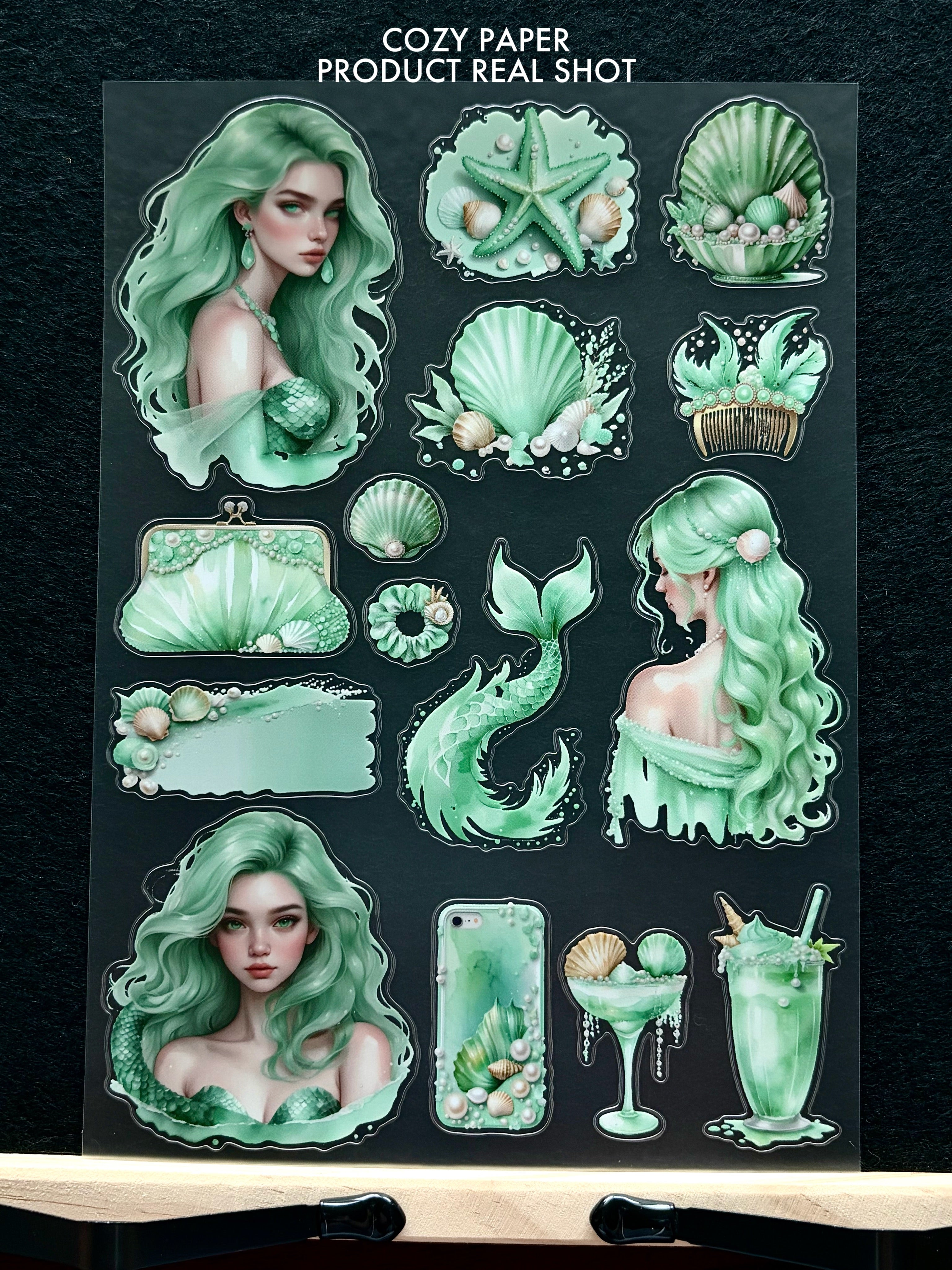 Mint Ocean Mermaids | 5.8" x 8.3" Aesthetic Matte PET Sticker Sheet for Journaling, Scrapbooking & ATC Cards