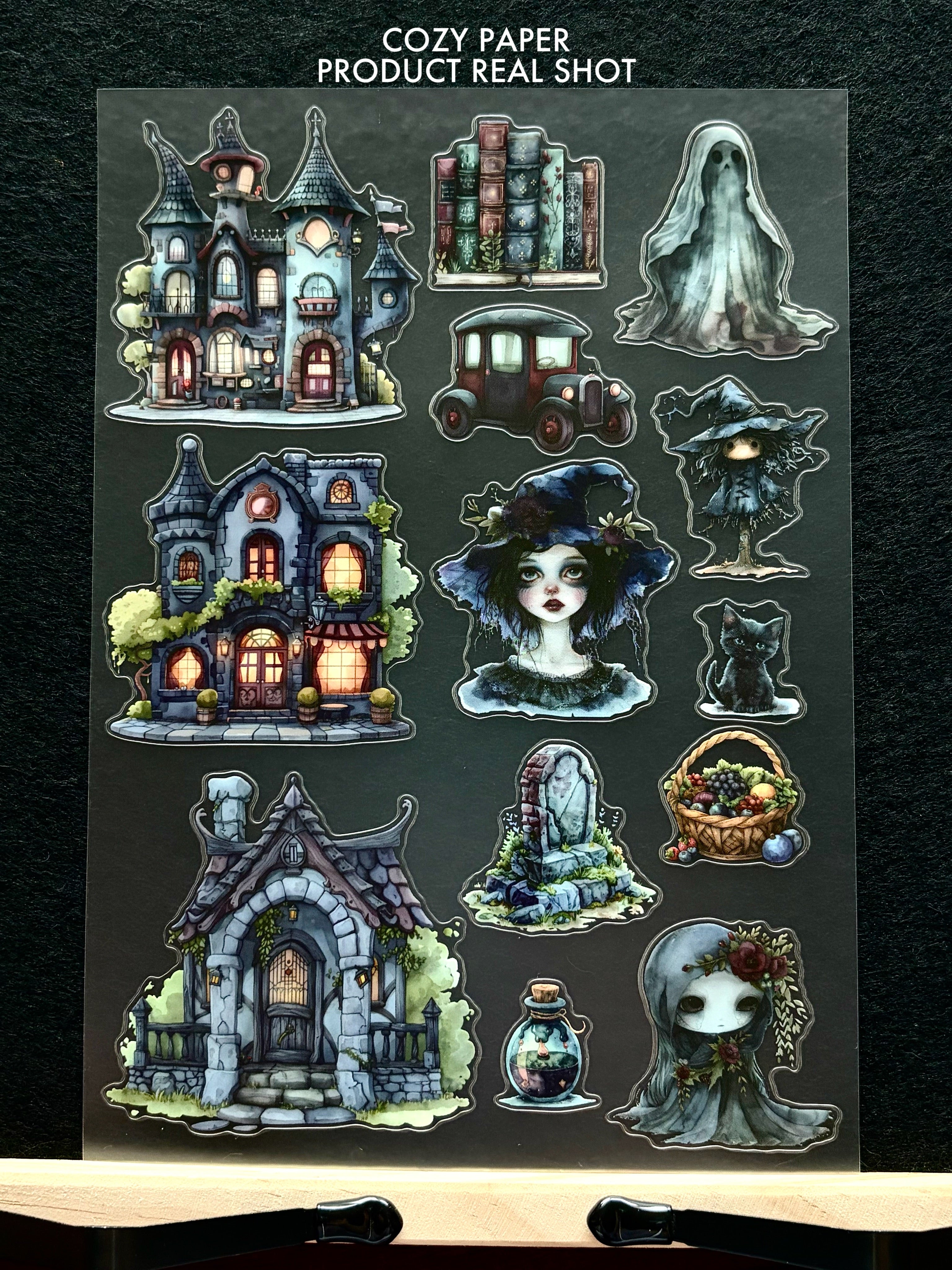 Spooky Witch‑Hollow Town | 5.8" x 8.3" Aesthetic Matte PET Sticker Sheet for Journaling, Scrapbooking & ATC Cards