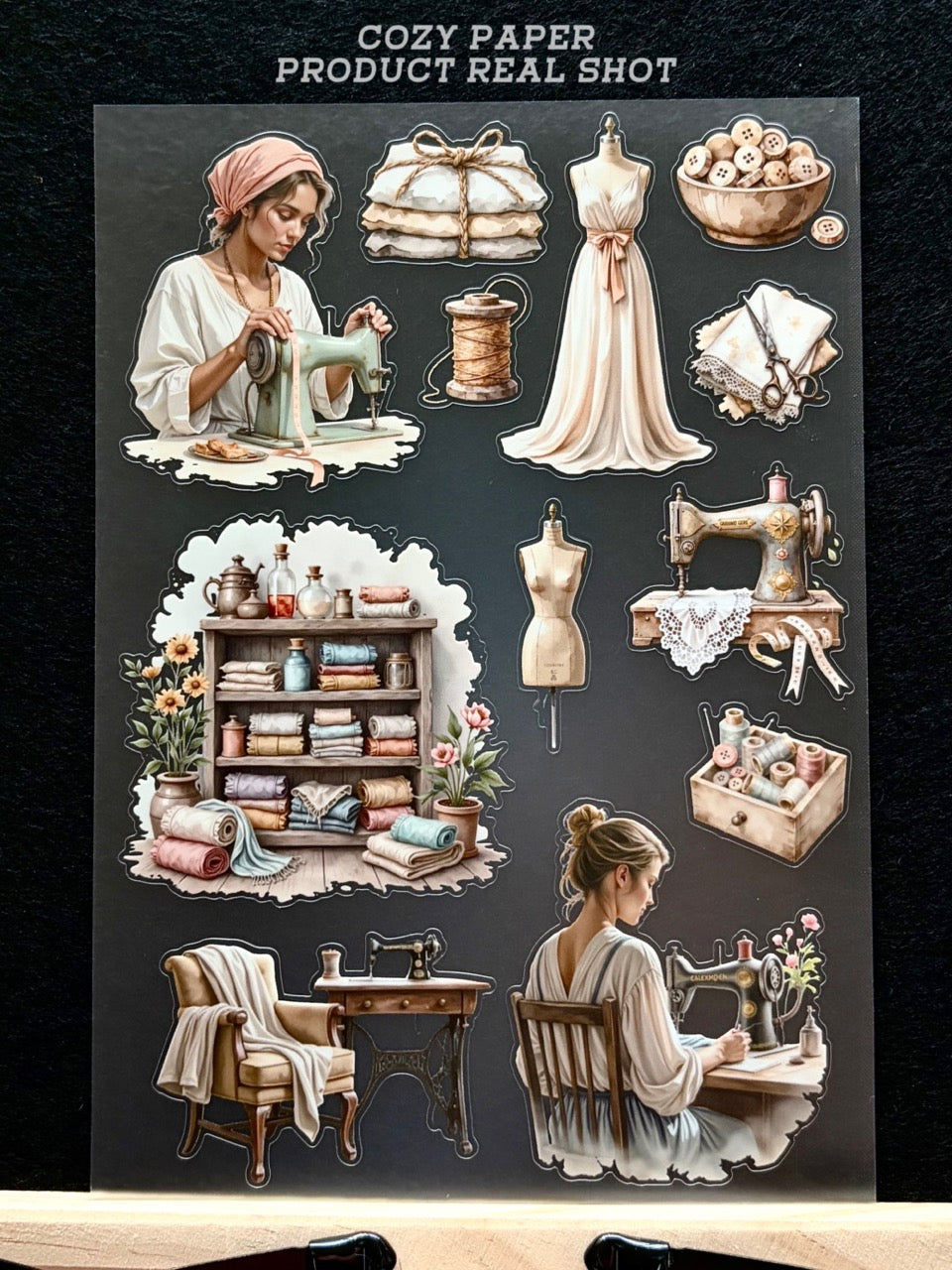 Vintage Seamstress Atelier | 5.8" x 8.3" Aesthetic Matte PET Sticker Sheet for Journaling, Scrapbooking & ATC Cards