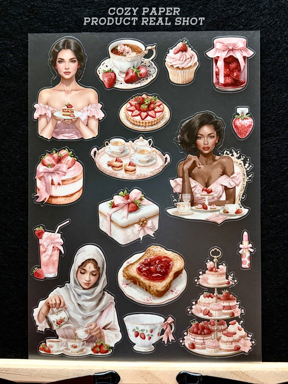 Strawberry Tea Party Dreams | 5.8" x 8.3" Aesthetic Matte PET Sticker Sheet for Journaling, Scrapbooking & ATC Cards