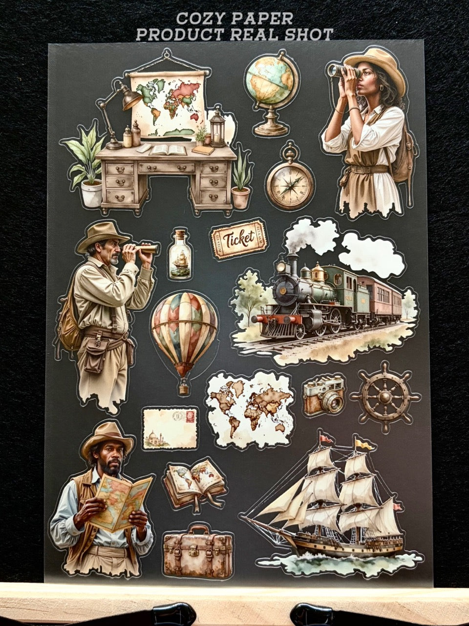 Vintage World Travel Explorers | 5.8" x 8.3" Aesthetic Matte PET Sticker Sheet for Journaling, Scrapbooking & ATC Cards