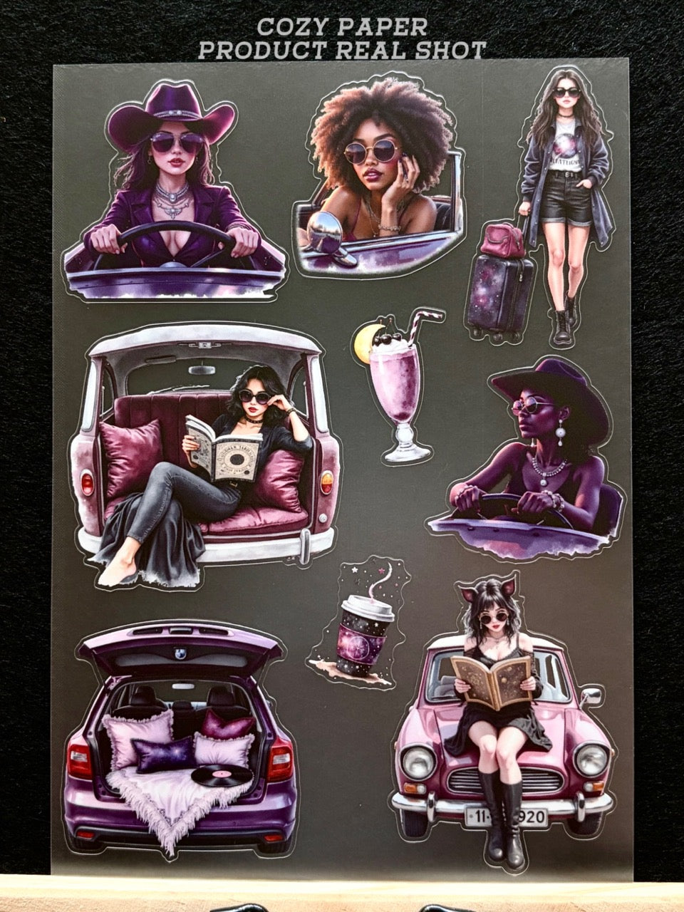 Purple Road Trip Baddies | 5.8" x 8.3" Aesthetic Matte PET Sticker Sheet for Journaling, Scrapbooking & ATC Cards
