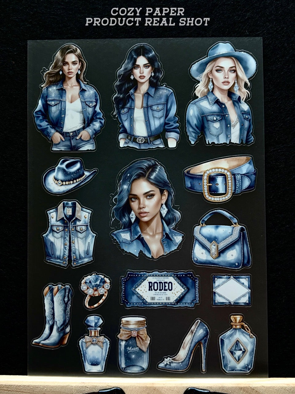 Denim Rodeo Cowgirl Vibe | 5.8" x 8.3" Aesthetic Matte PET Sticker Sheet for Journaling, Scrapbooking & ATC Cards