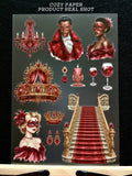 Crimson Masquerade Ball | 5.8" x 8.3" Aesthetic Matte PET Sticker Sheet for Journaling, Scrapbooking & ATC Cards