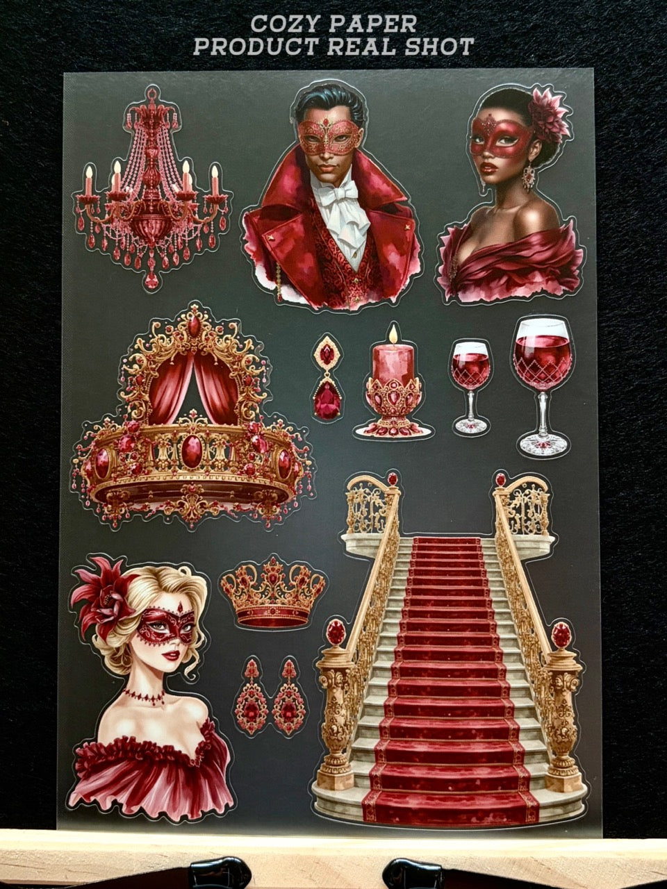 Crimson Masquerade Ball | 5.8" x 8.3" Aesthetic Matte PET Sticker Sheet for Journaling, Scrapbooking & ATC Cards