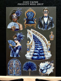 Sapphire Masquerade Night | 5.8" x 8.3" Aesthetic Matte PET Sticker Sheet for Journaling, Scrapbooking & ATC Cards