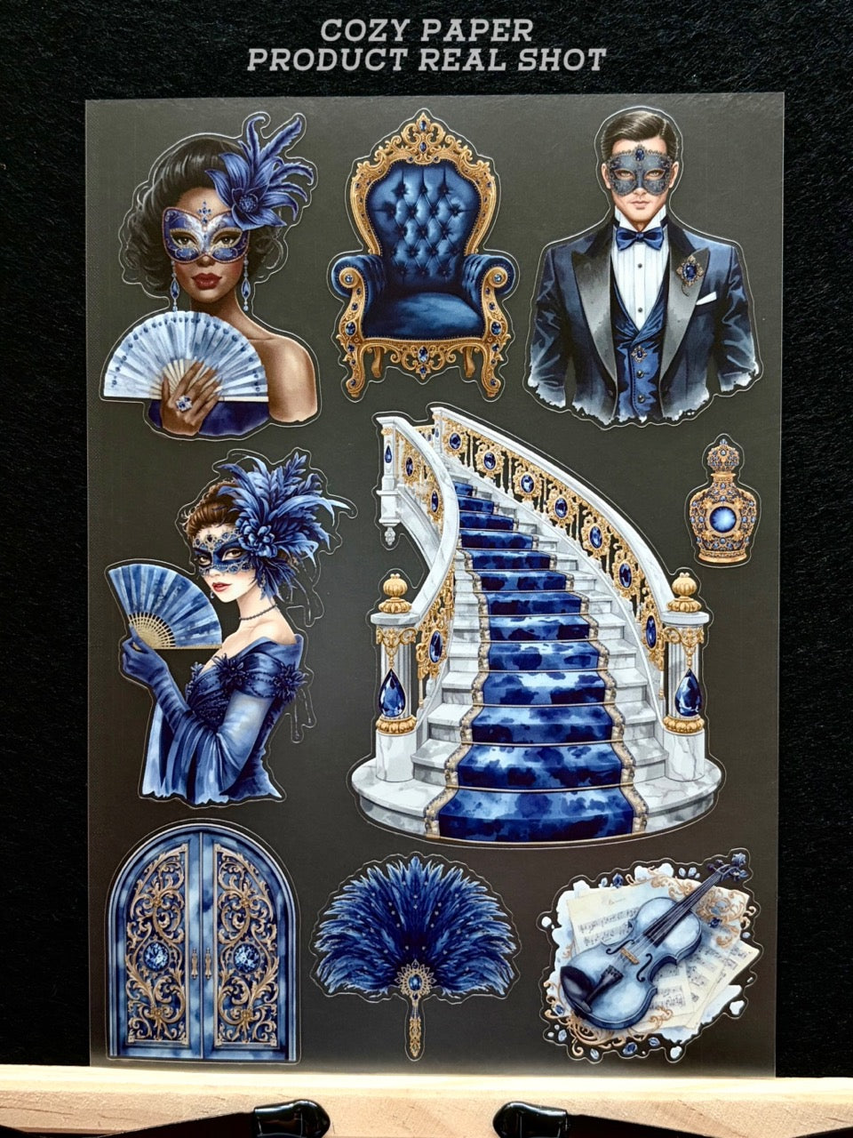 Sapphire Masquerade Night | 5.8" x 8.3" Aesthetic Matte PET Sticker Sheet for Journaling, Scrapbooking & ATC Cards