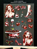 Cherry Red Pin-Up Glow | 5.8" x 8.3" Aesthetic Matte PET Sticker Sheet for Journaling, Scrapbooking & ATC Cards