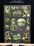 Emerald Steampunk Reverie | 5.8" x 8.3" Aesthetic Matte PET Sticker Sheet for Journaling, Scrapbooking & ATC Cards