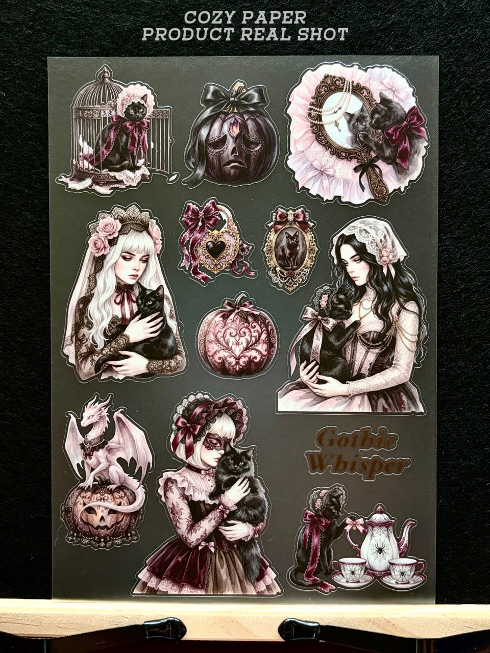 Gothic Black Cat Whispers | 5.8" x 8.3" Aesthetic Matte PET Sticker Sheet for Journaling, Scrapbooking & ATC Cards