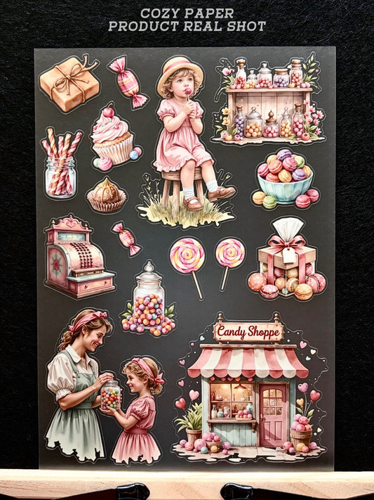 Sweet Old‑Fashioned Candy Shop | 5.8" x 8.3" Aesthetic Matte PET Sticker Sheet for Journaling, Scrapbooking & ATC Cards
