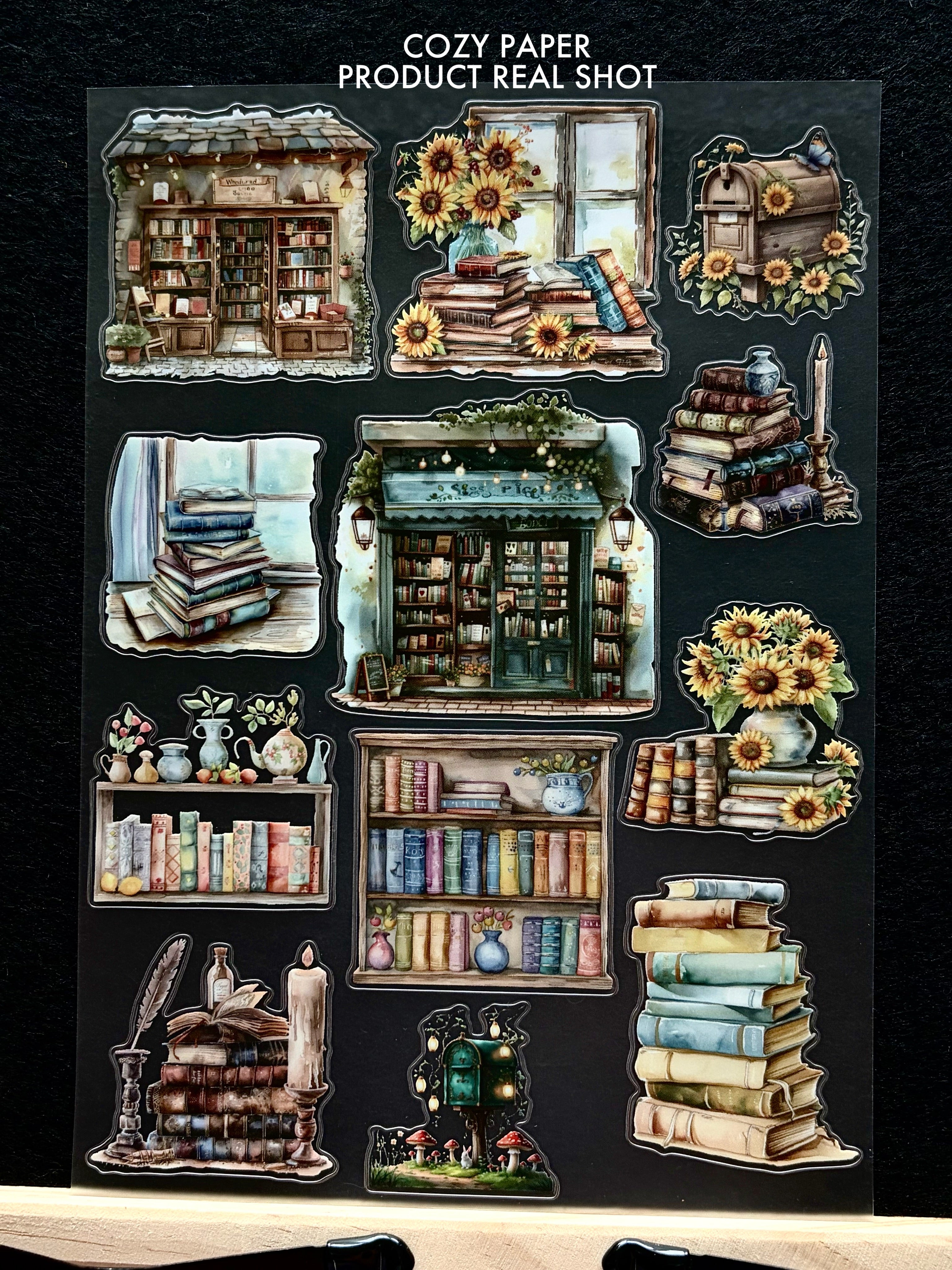 Sunlit Vintage Bookshop | 5.8" x 8.3" Aesthetic Matte PET Sticker Sheet for Journaling, Scrapbooking & ATC Cards