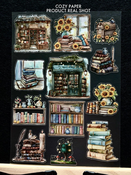 Sunlit Vintage Bookshop | 5.8" x 8.3" Aesthetic Matte PET Sticker Sheet for Journaling, Scrapbooking & ATC Cards