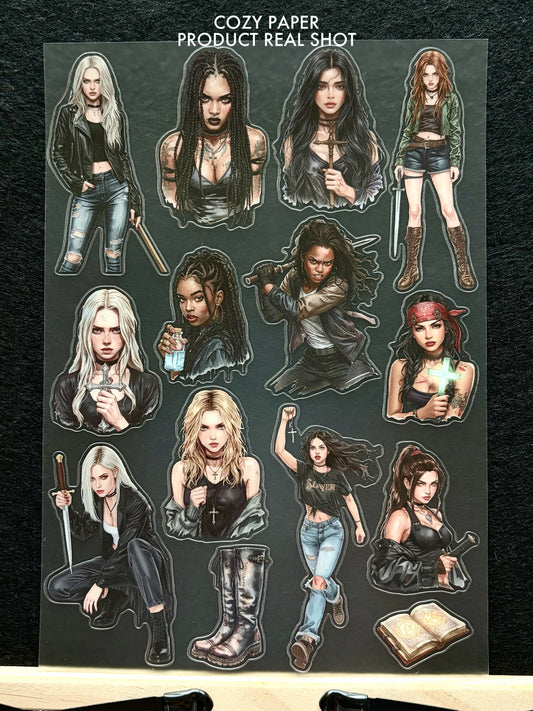 Vampire Hunter Girls | 5.8" x 8.3" Aesthetic Matte PET Sticker Sheet for Journaling, Scrapbooking & ATC Cards