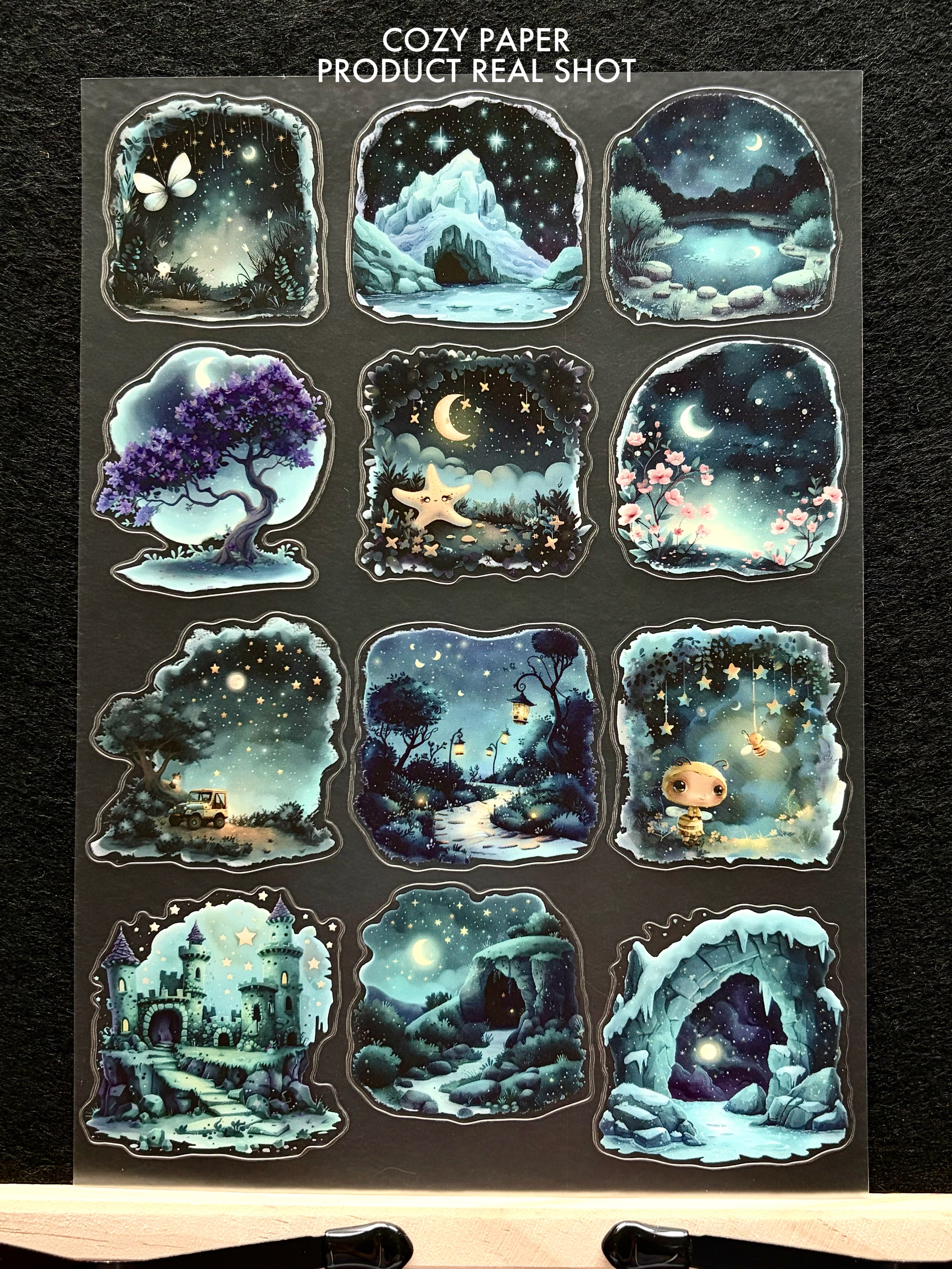Starry Night Fantasy Scapes | 5.8" x 8.3" Aesthetic Matte PET Sticker Sheet for Journaling, Scrapbooking & ATC Cards