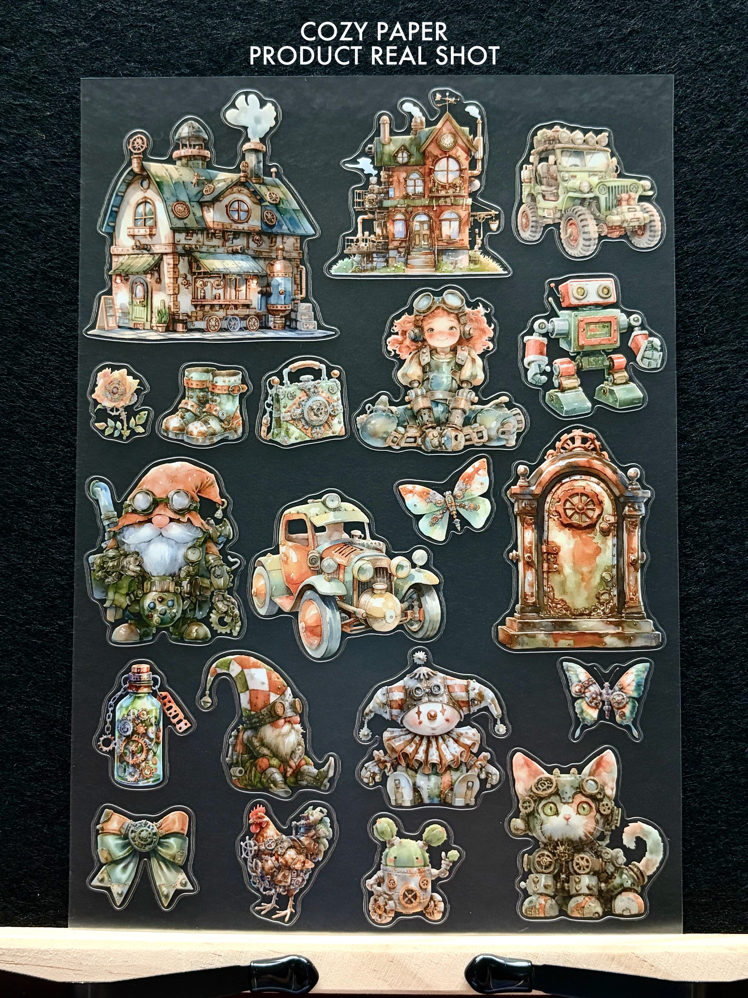 Whimsical Steampunk World | 5.8" x 8.3" Aesthetic Matte PET Sticker Sheet for Journaling, Scrapbooking & ATC Cards