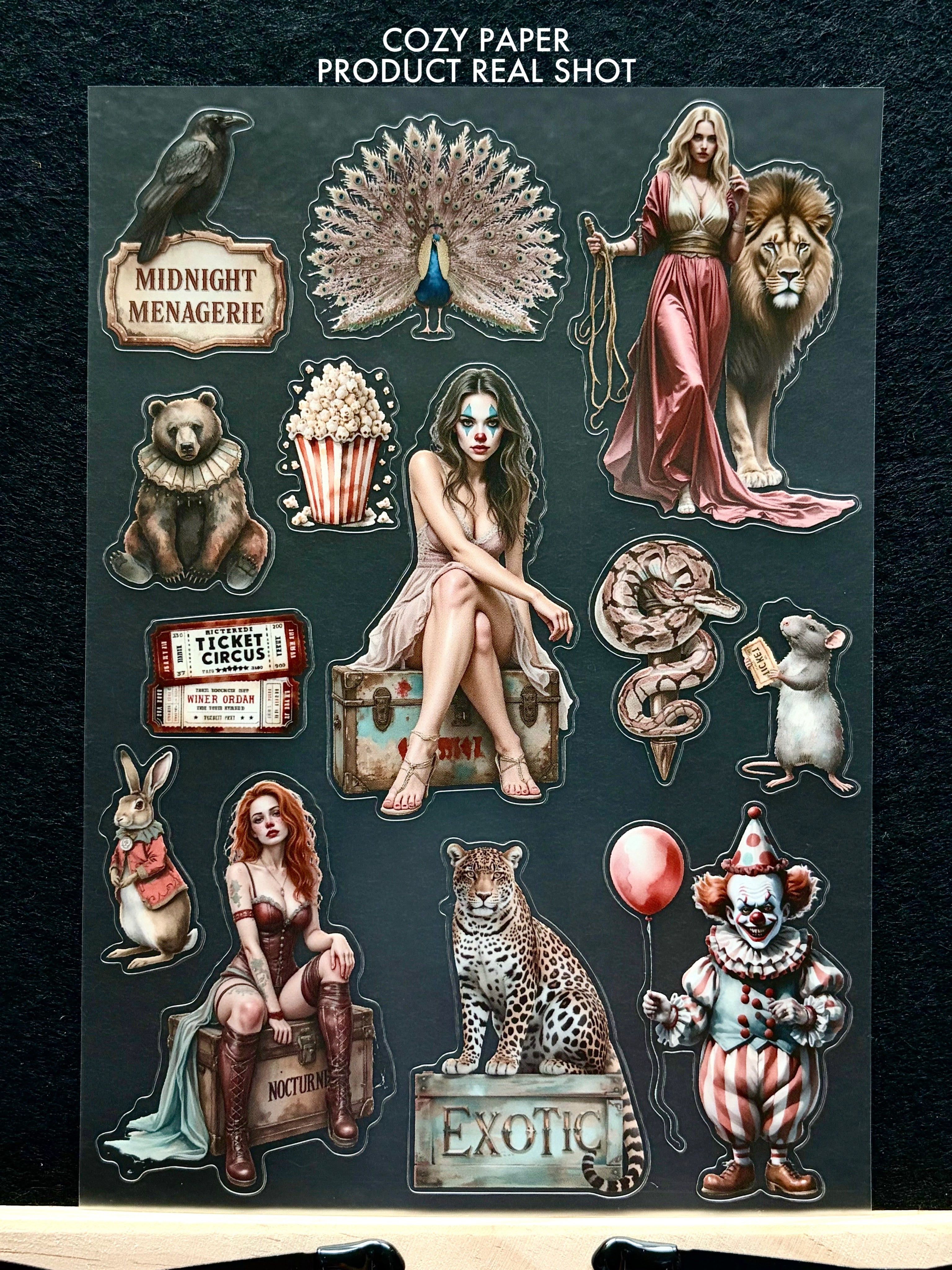 Midnight Dark Circus | 5.8" x 8.3" Aesthetic Matte PET Sticker Sheet for Journaling, Scrapbooking & ATC Cards