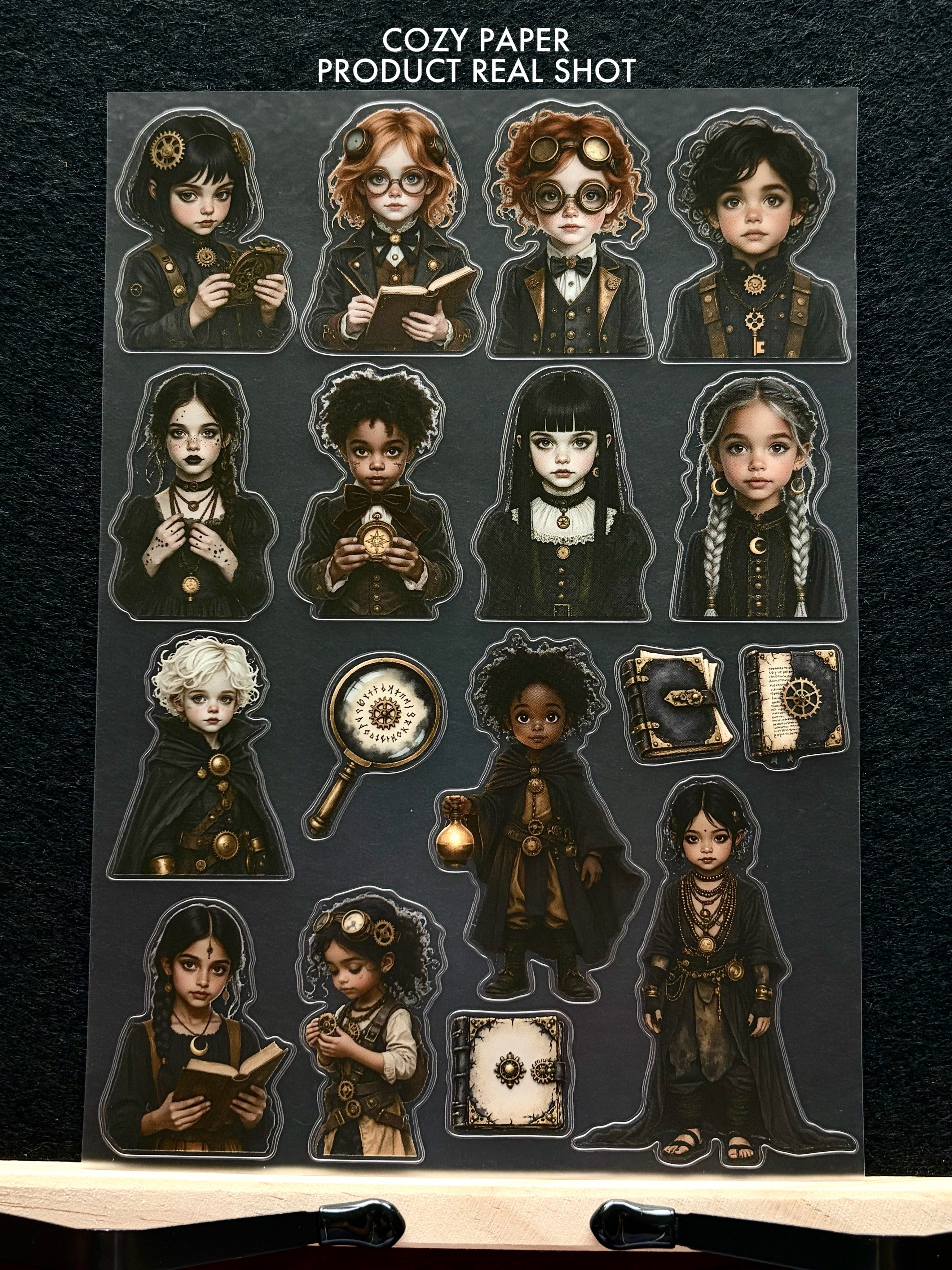 Steampunk Kid Scholars | 5.8" x 8.3" Aesthetic Matte PET Sticker Sheet for Journaling, Scrapbooking & ATC Cards