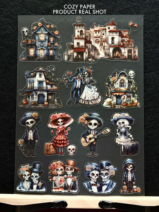 Sugar Skull Town| 5.8" x 8.3" Aesthetic Matte PET Sticker Sheet for Journaling, Scrapbooking & ATC Cards